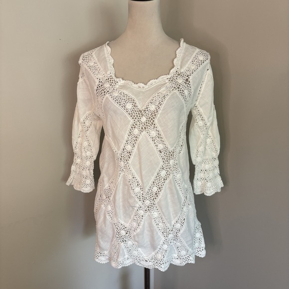 Sigrid Olsen Tops - Sigrid Olsen VTG White Linen Crochet Tunic Top Lace Diamond Y2K Boho Sz Medium M